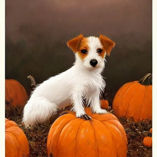 Image similar to a very cute scruffy long haired jack russell terrier puppy, white with chocolate brown spots and a brown patch over both eyes, amidst piles of pumpkins. halloween autumn fall art. beautiful painting by artgerm and greg rutkowski and alphonse mucha