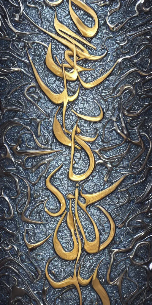 Prompt: a photorealistic render of a 3 d liquid sculpture of arabic calligraphy, made of liquid metal and marble, c 4 d, by zhelong xu, gakkin and ernst haeckel, hyper realistic, plain background, 8 k, volumetric lightning, trending on artstation