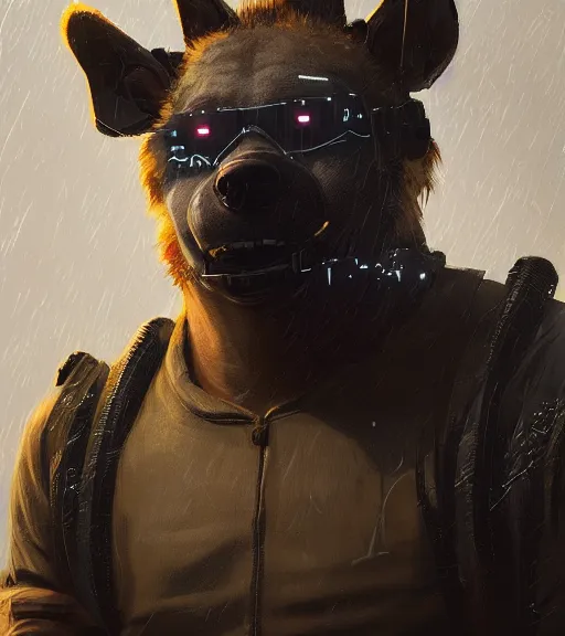 Image similar to new york city portrait of burly surly furry anthro anthropomorphic spotted hyena head animal person fursona wearing clothes strange cybernetic muzzle gloomy rainy screenshot from the video game cyberpunk 2077 digital art by Greg Rutkowski, Simon Stalenhag, christopher nolan trending on Artstation, CGSociety