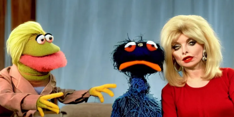 Image similar to Photoreal Cinematography of a photorealistic muppet version of Debbie Harry hosting The Muppet show with actor Steve Martin