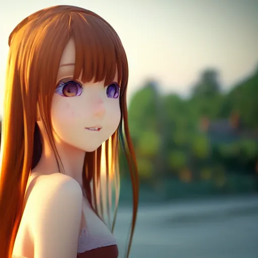 Image similar to Render of a very beautiful 3d anime girl, long hair, hazel eyes, cute freckles, full round face, cat ears, short smile, cute sundress, golden hour, serene beach setting, medium shot, mid-shot, highly detailed, trending on Artstation, Unreal Engine 4k