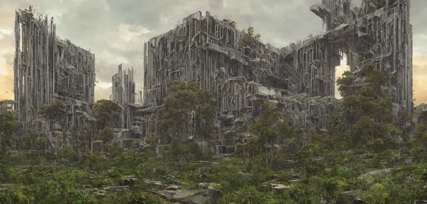 Image similar to an extremely detailed cathedral of brutalist architecture, surrounded by lush green vegetation, stunning volumetric lighting, sunset, rusted metal, concrete, translucent material, stunning skies, scattered rubbish and debris, 8k, photorealistic, hyper detailed, unreal engine 5, IMAX quality, cinematic, epic lighting, digital painting in the style of DOOM and Quake, by Greg Rutkowski, trending on Artstation