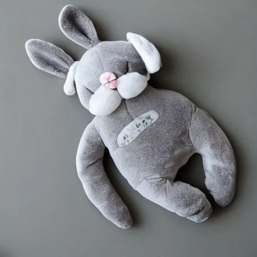 Image similar to a cute plush toy made to look like a sleeping baby wearing a grey fluffy bunny sleep suit