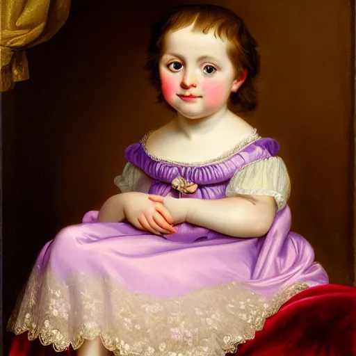 Image similar to portrait of a german toddler princess sitting down in a silk lavender gown, circa 1 8 3 7, by carl joseph begas, highly detailed, beautiful, oil on canvas, 1 8 3 0 s, romanticism