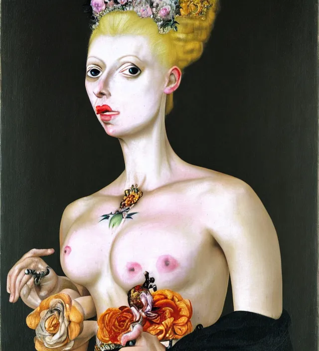 Prompt: baroque portrait of a blonde princess of porceline skin, full body floral tattoos, by francis bacon