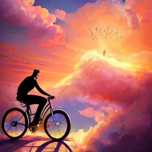 Prompt: A whimsical painting of a happy man flying in the sky on his bicycle in the clouds, beautiful flowing feeling, sunset, dramatic angle, realistic and detailed, by studio trigger, by Makoto Shinkai rossdraws and Wojtek Fus