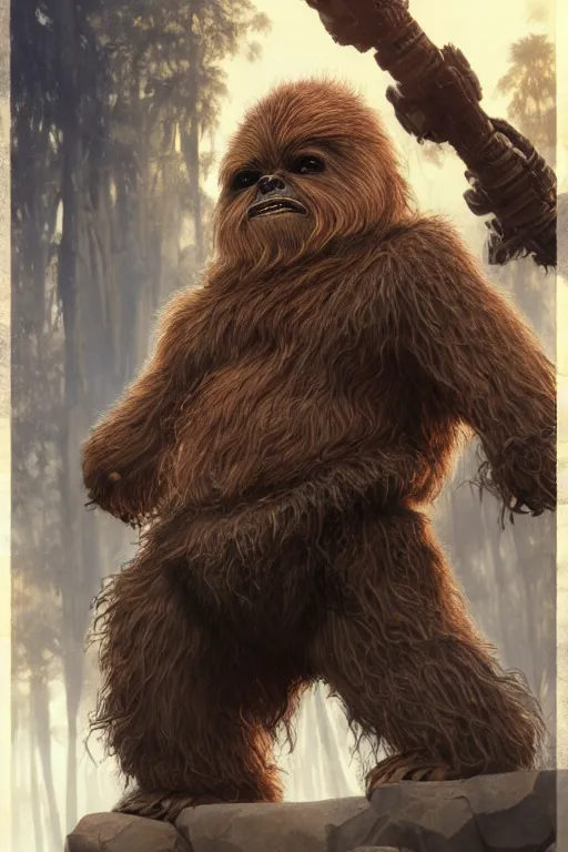 Image similar to upper body portrait of a hulking herculean dwarven ewok from star wars, cinematic lighting, photorealistic, octane render, 8 k, depth of field, 3 d, art by artgerm and greg rutkowski and alphonse mucha and uang guangjian and gil elvgren and sachin ten