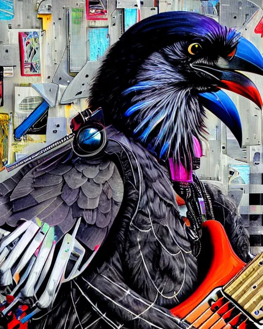 Image similar to a portrait of an anthropomorphic cyberpunk raven shredding an electric guitar by sandra chevrier, by jon foster, detailed render, tape deck, epic composition, cybernetics, 4 k realistic, cryengine, realistic shaded lighting, sharp focus, masterpiece, by enki bilal