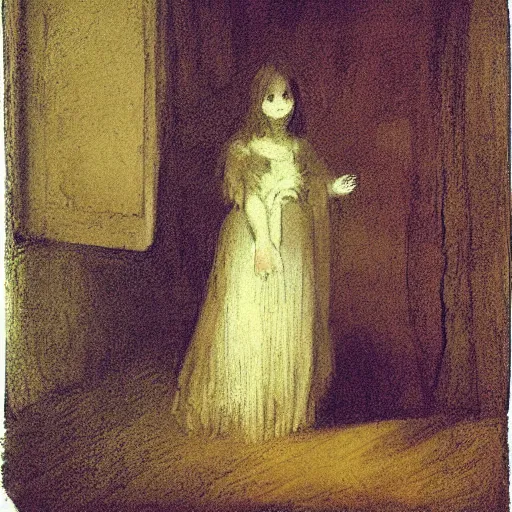 Prompt: a girl in a room, old polaroid by goya, by gustave moreau, digital painting, strong lights, flat colors, pastel colors, eerie, nostalgic