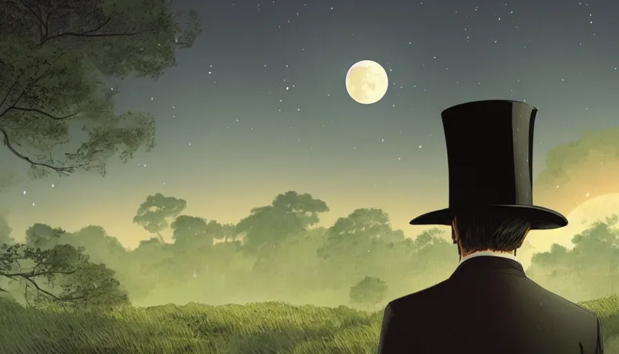 Image similar to ilya kuvshinov illustration of a gentleman in a suit and top hat watching the moon shine over the overgrown valley with ancient ruins reclaimed by nature, hazy and misty, magical feeling, night, stars uhd, high detail, by ilya kuvshinov