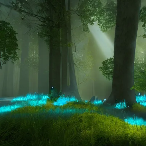 Image similar to unreal engine 5 mystical forest with teal ambient lighting and sunbeams, glowing blue flowers