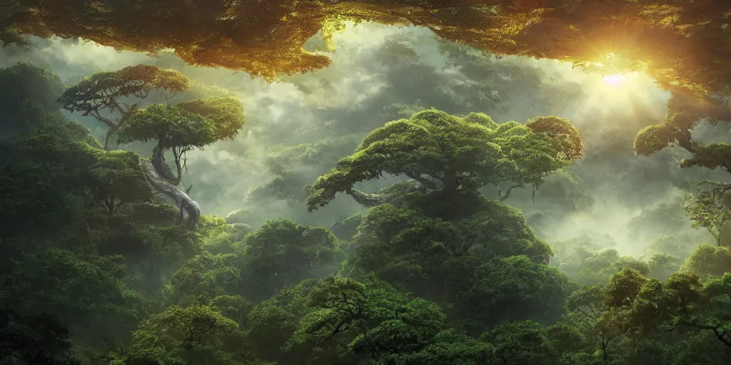 Image similar to close up of a giant liquid monster rising, forest treetop view. 4 k, artgerm, high detail, dramatic lighting, sunset, hayao miyazaki, masashi ando, nizou yamamoto, kazuo oga, joe hisaishi, yoji takeshige, naoya tanaka