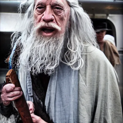 Image similar to a photograph of a washed up gandalf busking on a subway platform