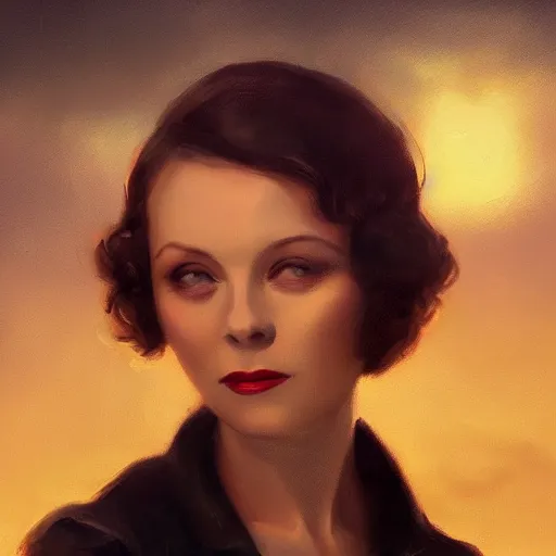 Image similar to a closeup portrait of a young vivian leigh, 1 9 2 0 s city background, gorgeous view, sunset, film noir, depth, by seb mckinnon, by greg rutkowski, by igor kieryluk, digital art, trending on artstation