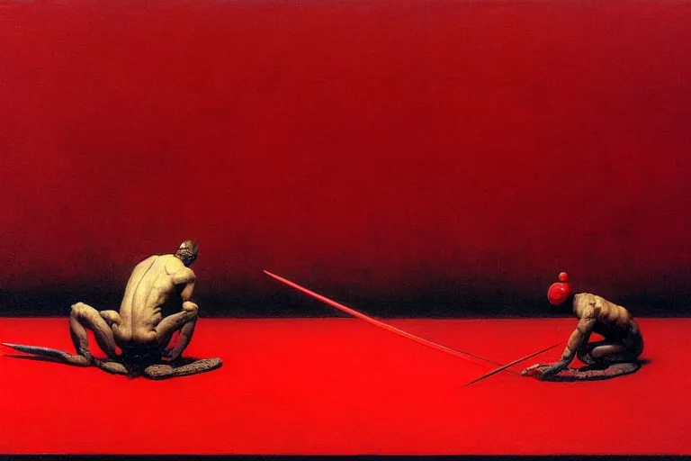 Image similar to only with red, a red samurai do seppuku, tokio, a lot of frogs watch, in the style of beksinski, parts by edward hopper, parts by rodcenko, parts by yue minjun, intricate and epic composition, red by caravaggio, insanely quality, highly detailed, masterpiece, red light, artstation, 4 k