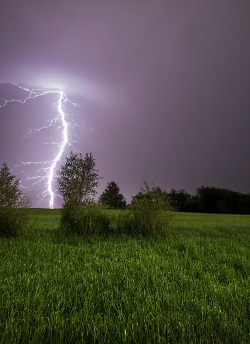 Prompt: a 2 8 mm macro photo of lightning striking the top of a tree in a field, long exposure, misty, night, splash art, movie still, bokeh, canon 5 0 mm, cinematic lighting, dramatic, film, photography, golden hour, depth of field, award - winning, anamorphic lens flare, 8 k, hyper detailed, 3 5 mm film grain