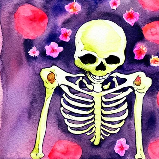 Image similar to skeleton surrounded by flowers, watercolor