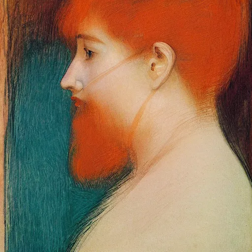 Prompt: A beautiful land art of a person in profile, with their features appearing both in front of and behind their head. dark orange, neon blue by Mary Cassatt angular