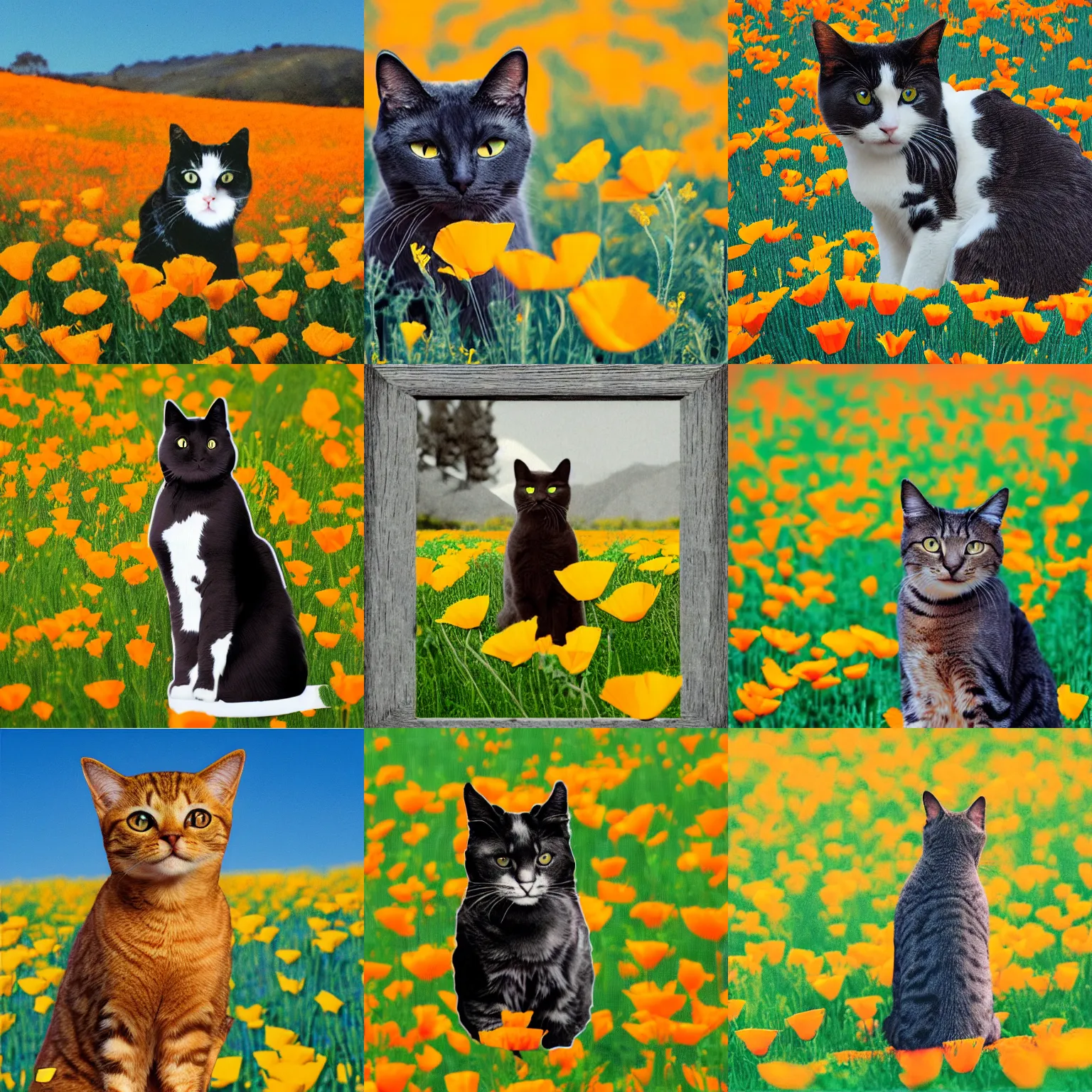 Prompt: stencil image of a cat sitting in california poppies field