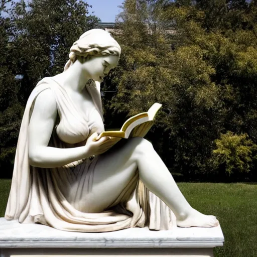 Prompt: marble statue of woman reading a book, outdoors
