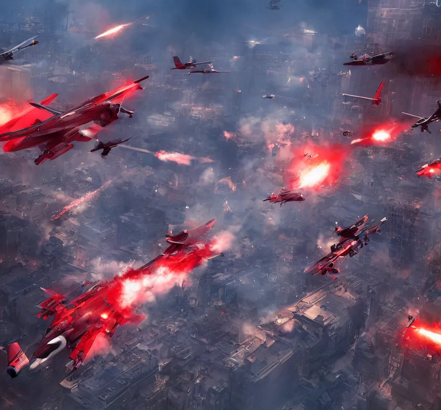 Prompt: red alert troops in real life invading city with explosion and airplanes fly in sly, hd, hdr, ue 5, ue 6, unreal engine 5, cinematic 4 k wallpaper, 8 k, ultra detailed, by popular digital artist, beautiful image, resolution, artstation
