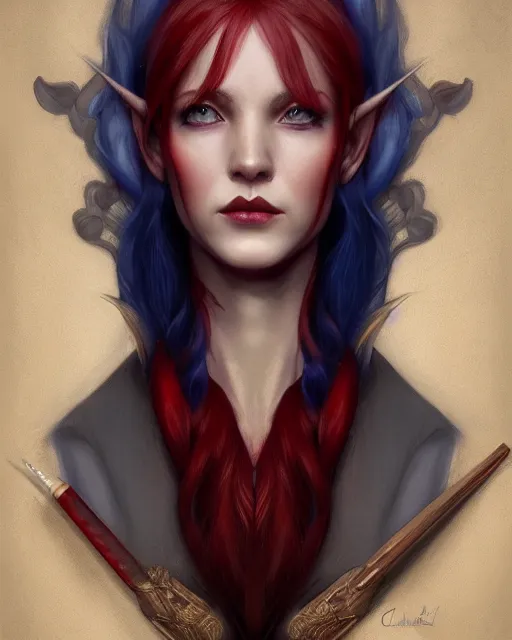 Prompt: A detailed matte oil on canvas head on symmetrical portrait of a distinguished elven woman with red and blue hair on an empty background, by Charlie bowater, Wlop, trending on artstationhd, dungeons and dragons art, half & half hair, split dye, critical role