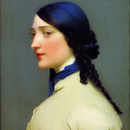 Image similar to a young woman’s face, her hair is white and she wears a flowing cobalt blue cloak, by ivan aivazovsky and pieter claesz and paul delaroche and alma tadema and august malmstrom and and willen claesz heda and aelbert cuyp and gerard ter borch, contrapposto, hyperrealistic, volumetric light, rendered in octane, c4d