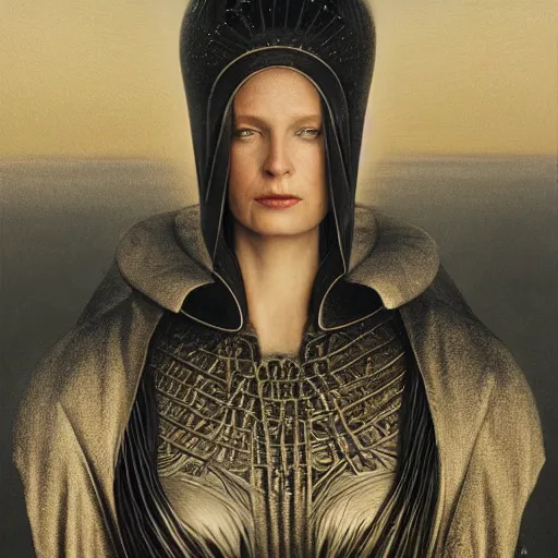 Prompt: sci - fi portrait of bene gesserit order sister by jean delville and rafael santi, baroque, intricate, hyperealistic, photoreal, 8 k resolution, highly detailed, proffesional illustration, high contrast, ambient occlusion, octane render, unreal engine 5