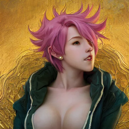 Image similar to VI from League of Legends with short pink hair drawn by Donato Giancola and Makoto Shinkai, Edmund Leighton, Alphonse Mucha, background by James Jean and Gustav Klimt, 4k, Arcane animated Series, porcelain skin, volumetric lighting, komorebi, french nouveau, trending on artstation, octane render, hyperrealistic