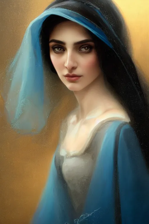 Image similar to ameera al taweel woman , bright blue eyes, wavy black hair, white veil, closeup, cinnamon skin color, elegant, highly detailed, centered, oil painting, artstation, concept art by tom bagshaw