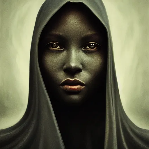 Image similar to a portrait of a young black woman wearing a long dark cloak, hood and shadows covering face, anatomically correct, beautiful perfect face, enigmatic, oil painting, matte painting, black background, Volumetric dynamic lighting, Highly Detailed, Cinematic Lighting, Unreal Engine, 8k, HD, by Beksinski