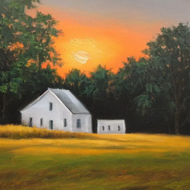 Image similar to a beautiful oil painting of a white farmhouse on a lonely country road at sunset