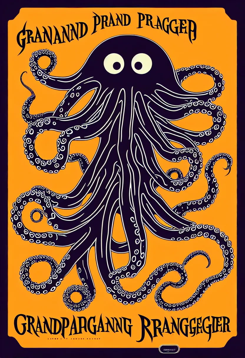 Image similar to concert poster for the band 'GrandpaFinger', symmetrical octopus wearing a top hat, vector art, 8k, highly detailed illustration