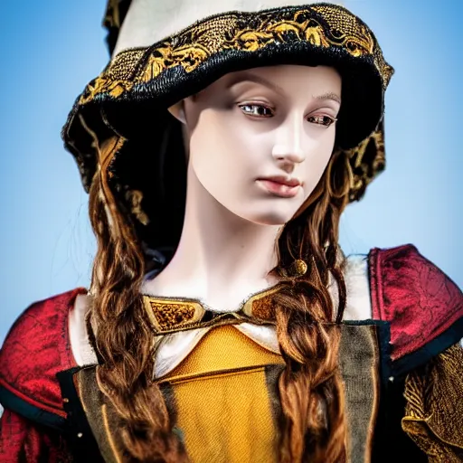 Prompt: medieval fashion model close up looking into lens 1 5 0 mm wearing clothes of the era