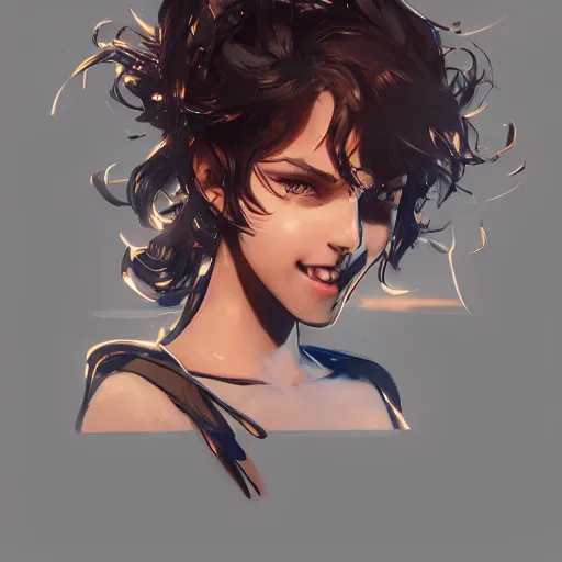 Image similar to a beautiful girl with short curly brown hair in a ponytail, a pointy chin, smiling sweetly, dramatic lighting, illustration by Rossdraws, yoji shinkawa, 4k, digital art, concept art, trending on artstation