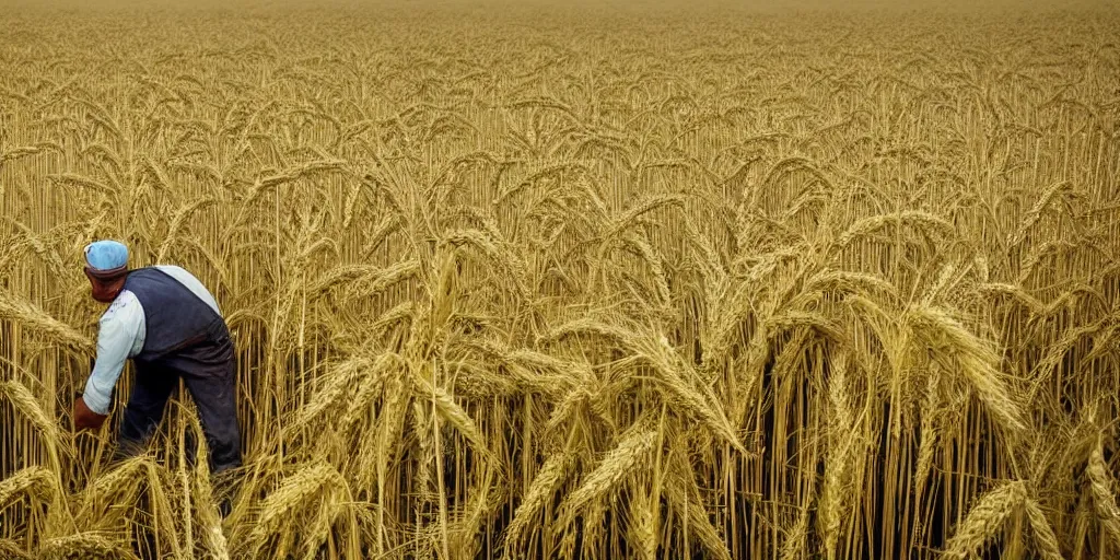 Prompt: a beautiful view of a farmer working in wheat field and there is a beautiful jungle behind the field, professional photography