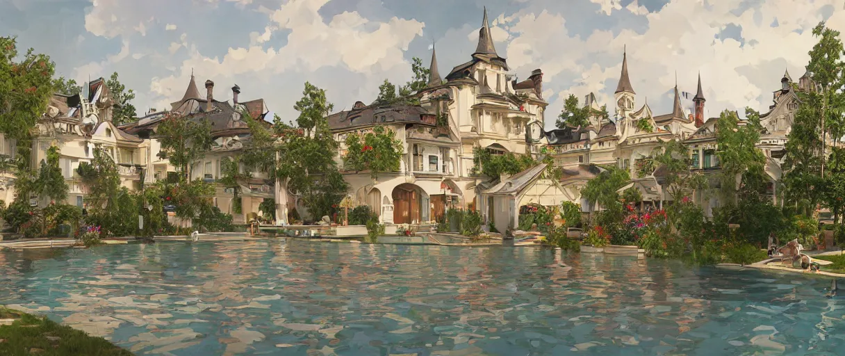 Prompt: seeing small town from swimming pool, east europe, highly detailed, digital painting, artstation concept art, smooth, sharp focus, artgerm, alphonse mucha, photorealistic