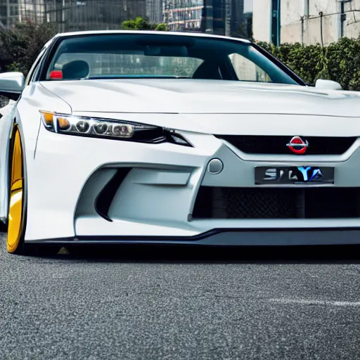 Image similar to white Nissan Silvia S15 made in 2020 modern Silvia S15 designed in 2020 parked on street wide angle photo 45mm mid distance