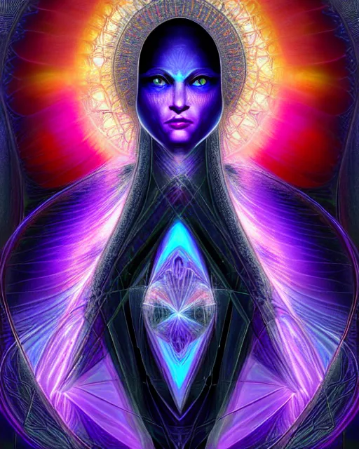 Prompt: epic scale cinematic symmetrical chromaticity computer goddess character concept of a beautiful dark crystals powder liquids, glowing black dark velvet, sacred ethereal volumetric lighting darkness entity visionary fantasy art by alex grey android jones artstation max chroma rule of thirds golden ratio sacred geometry ai generated art centered symmetrical symmetry