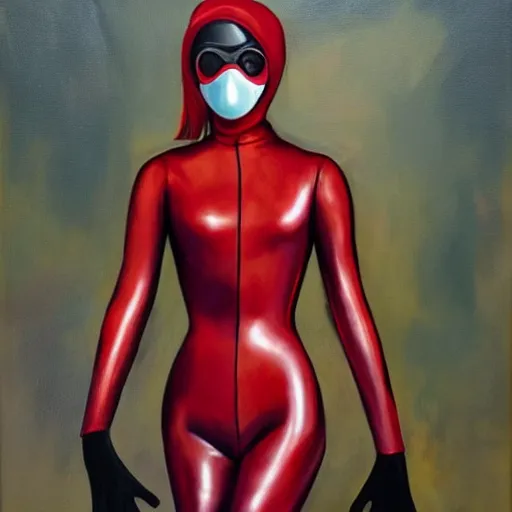 Prompt: full length oil painting of emma watson in slick red latex suit, holding a gas mask. safe for work!