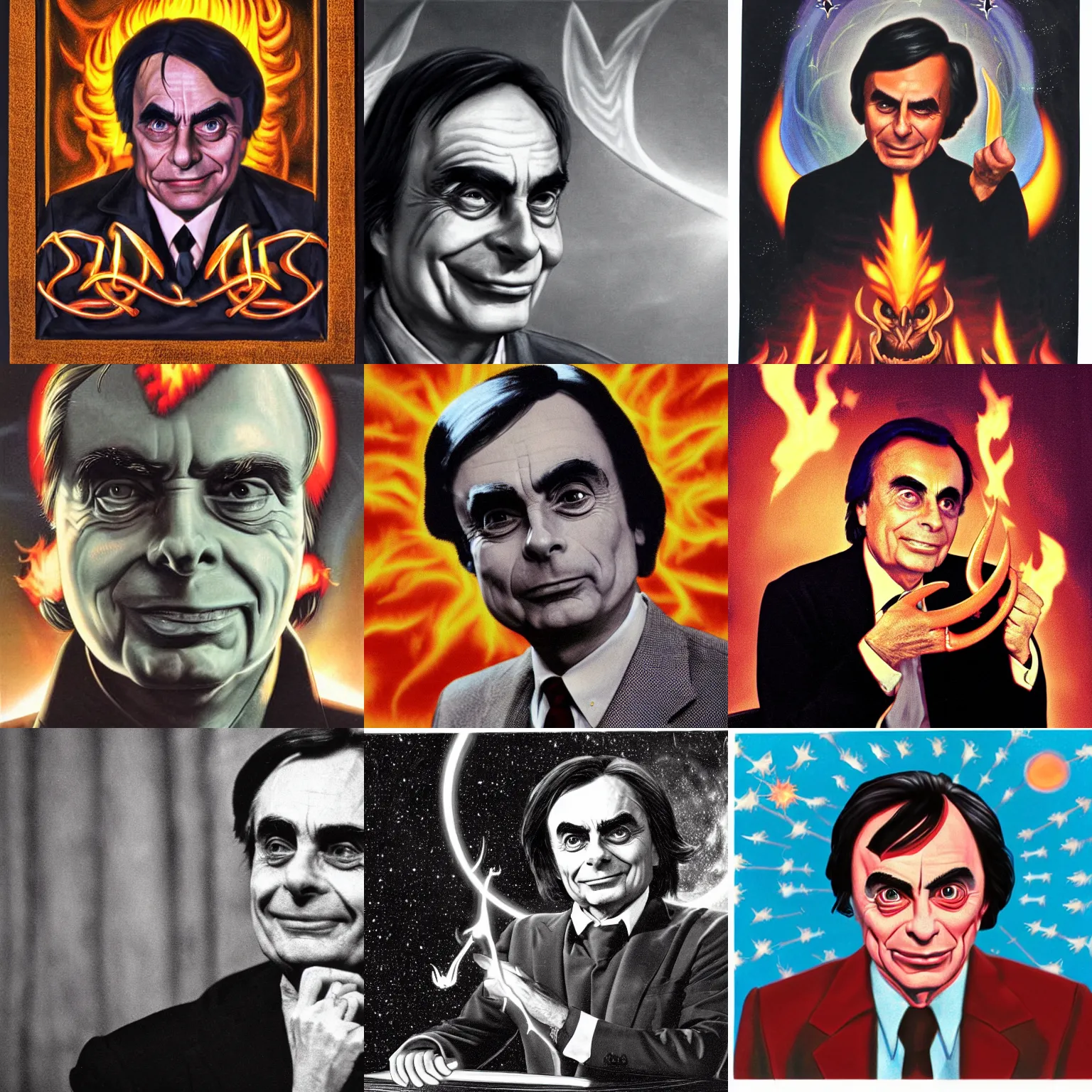 Prompt: Satanic Carl Sagan, portrait. evil. horns. flames. hyper realistic