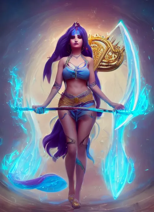 Image similar to sona, from league of legends, with an harp, au naturel, with abs, hyper detailed, digital art, trending in artstation, cinematic lighting, studio quality, smooth render, unreal engine 5 rendered, octane rendered, art style by klimt and nixeu and ian sprigger and wlop and krenz cushart