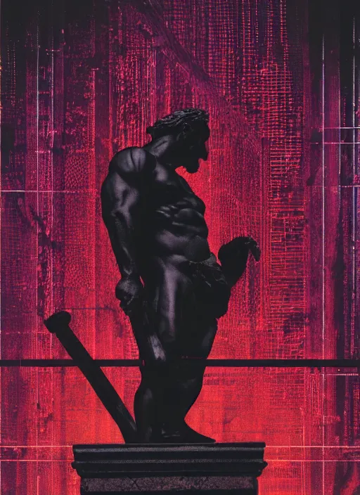 Prompt: dark design poster showing a close up of a statue of hercules, black background with very subtle red and purple design elements, powerful, nekro, vito acconci, thin straight lines, dark, glitch art, neo vaporwave, gritty, layout frame, square, extremly detailed, trending on artstation