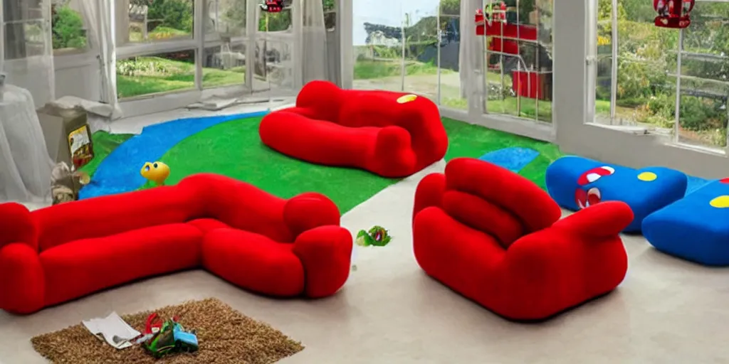 Prompt: Super Mario-shaped red couch