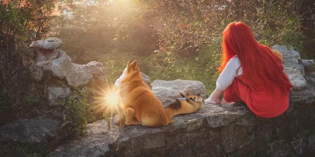 Prompt: a girl with red hair, sitting on stairs with a shiba inu, watching the sun set. anime, intricate details, 4k —steps 100