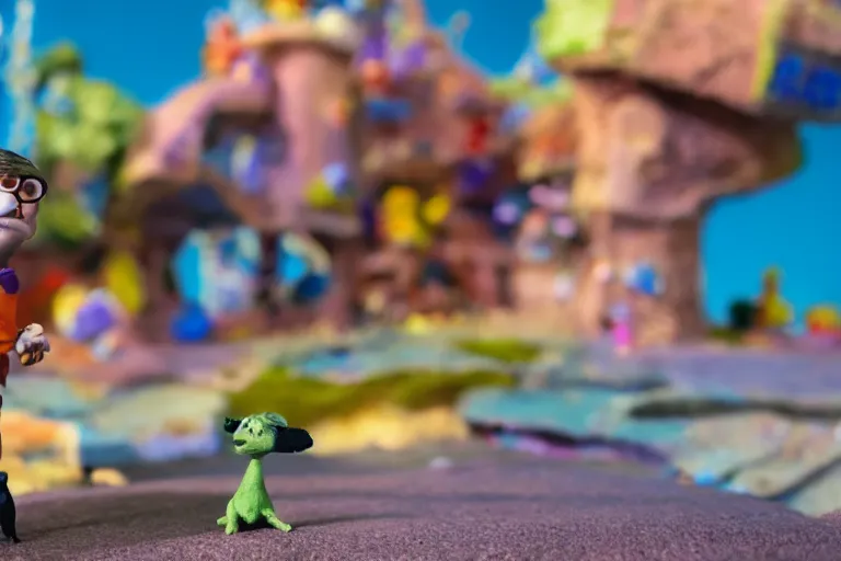 Image similar to cinematic screenshot of a stop motion claymation film about a wacky adventure starring george r r martin, shallow depth of field, 1 8 mm, f 1. 8
