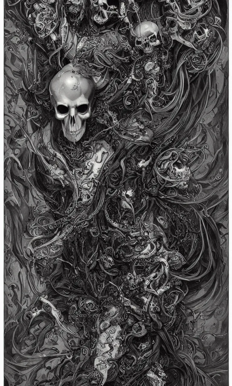 Image similar to malice, skulls, tendrils, dark atmosphere, greyscale, detailed linework, cinematic, psychedelic, black paper, ornate, symmetrical, tarot card, highly detailed, ink illustration, style of peter mohrbacher, golden ratio, 8 k