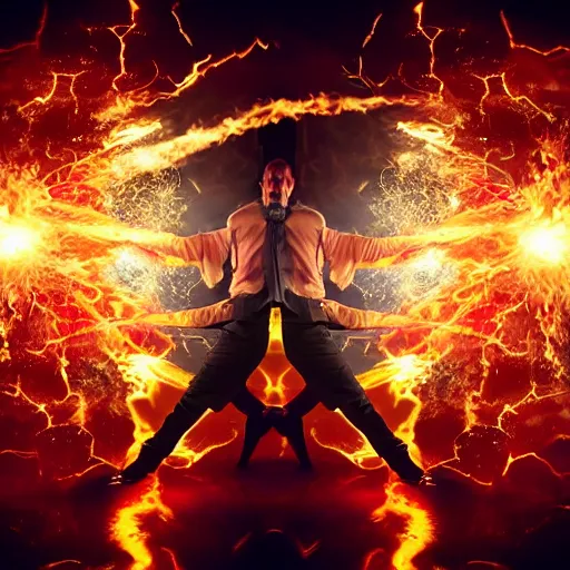 Image similar to action photography of a man and a woman fight in a magic duel. the man uses a black magic spell causing intense flames. the woman used a spell of white magic causing an avalanche of many bursts of light. several mirrors surround them and reflect their fight. atmosphere of intense pressure.