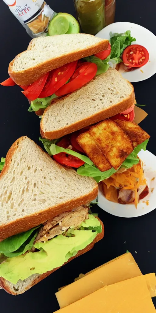 Prompt: giant sandwich with fried tofu, one red tomato slice, mayo, onion, avocado, melted cheddar, red dish, background : jupiter and stars in the sky