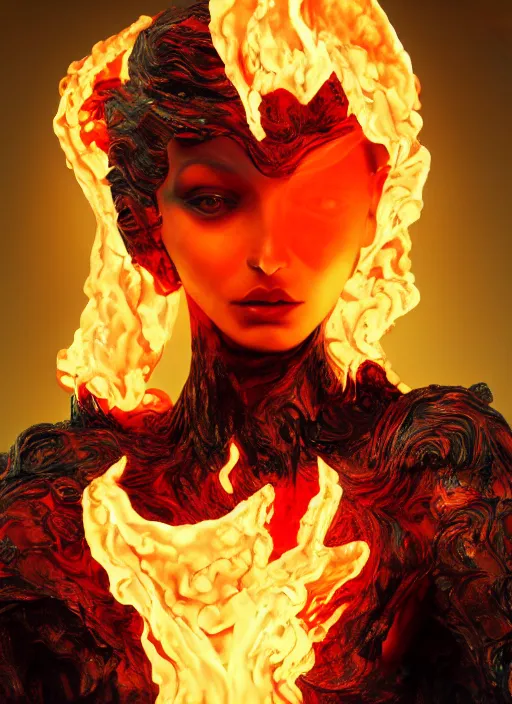 Image similar to sculpture made of flame, portrait, female, future, torch, fire, harper's bazaar, vogue, fashion magazine, intricate, concept art, close up, ornate, luxury, elite, elegant, trending on artstation, by ruan jia, by Kenneth Willardt, by ross tran, by WLOP, by Andrei Riabovitchev,